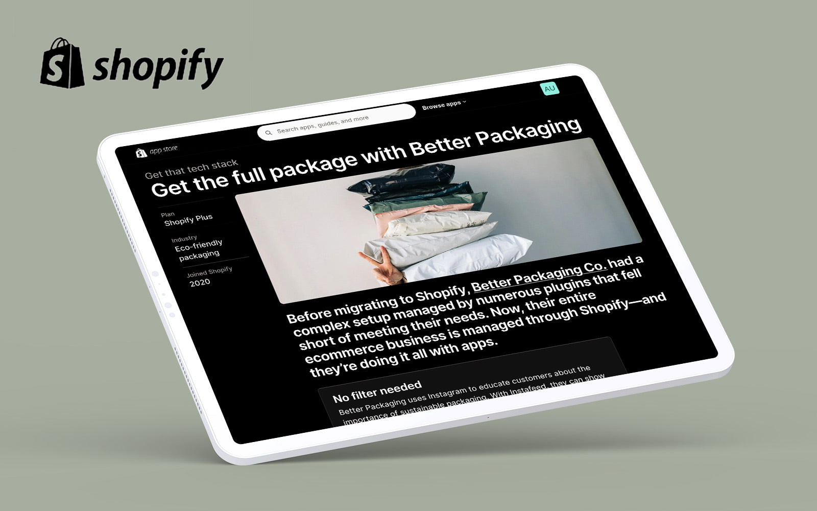 A tablet screen displaying a Shopify blog "Get the full package with Better Packaging"
